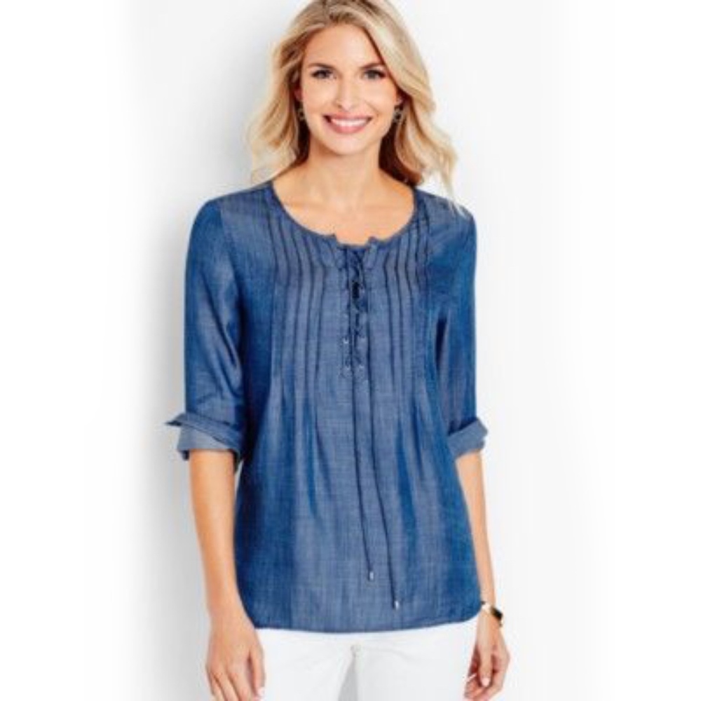 Talbots Pintuck Lace Up Denim Chambray Blouse M